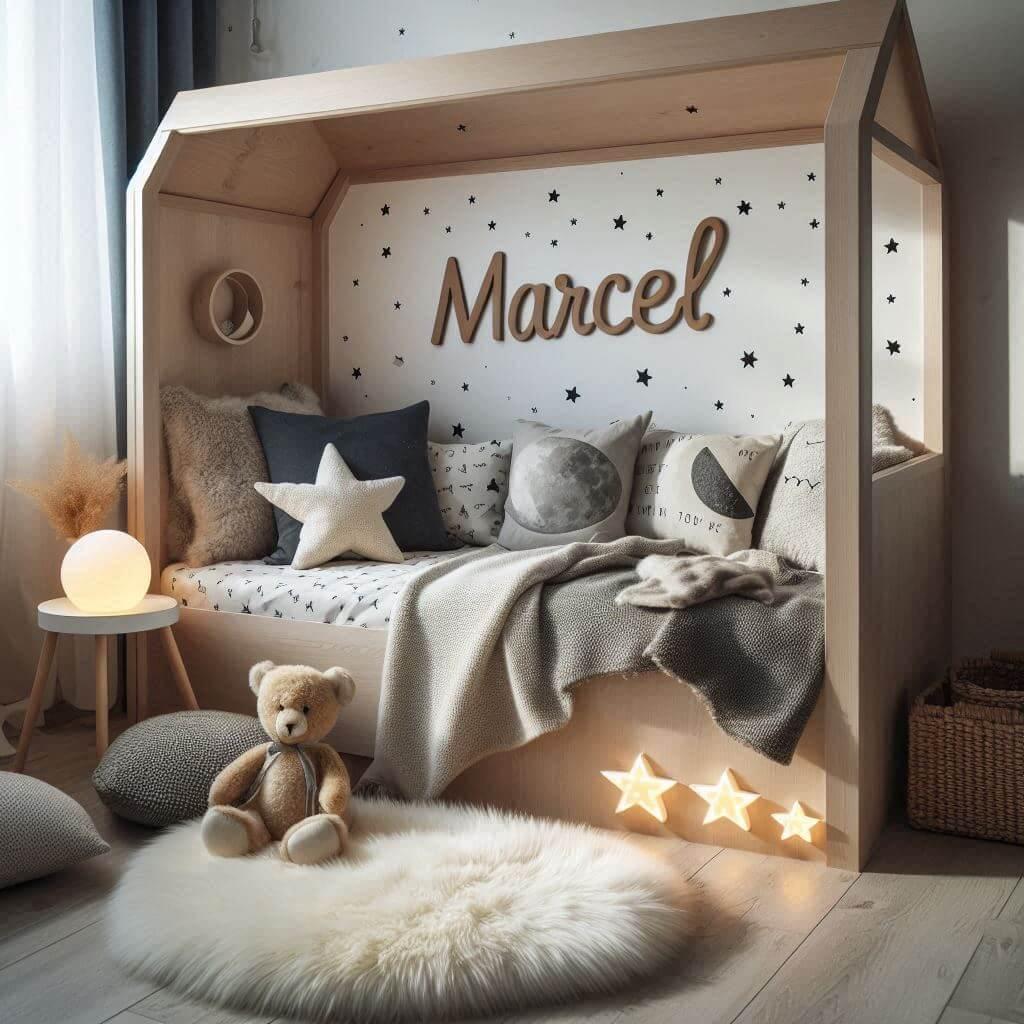 chambre scandinave, tapis de fourure, lit cabane en bois, personnalisée avec le prénom marcel