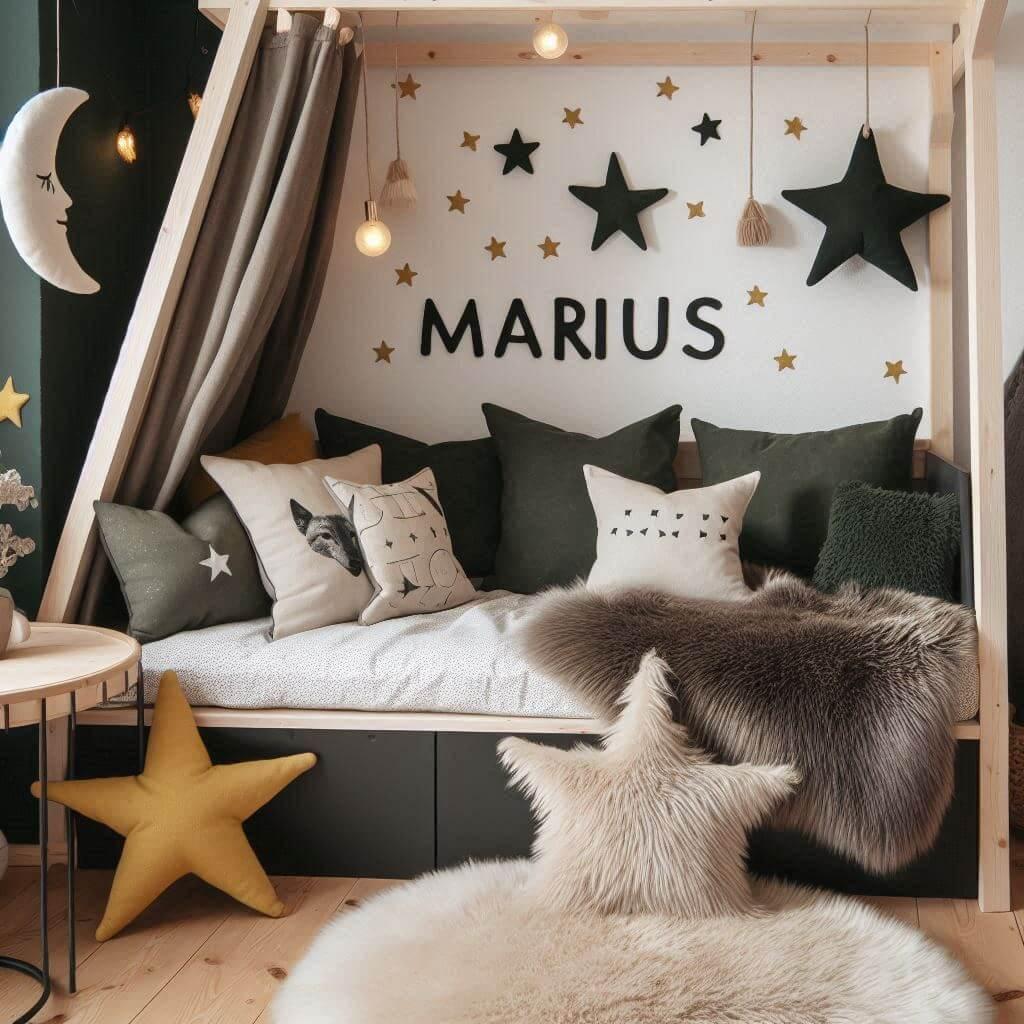 Une chambre de petit garcon qui se nomme marius avec un lit cabane un tapis de fourrure style scandinave coussins en forme d etoiles coussins en forme de lune marius est brode sur