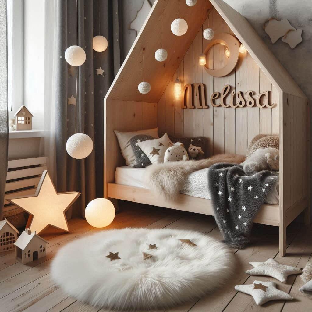 Une chambre de petit garcon qui se nomme melissa avec un lit cabane un tapis de fourrure style scandinave coussins en forme detoiles coussins en forme de lune le prenom melissa est