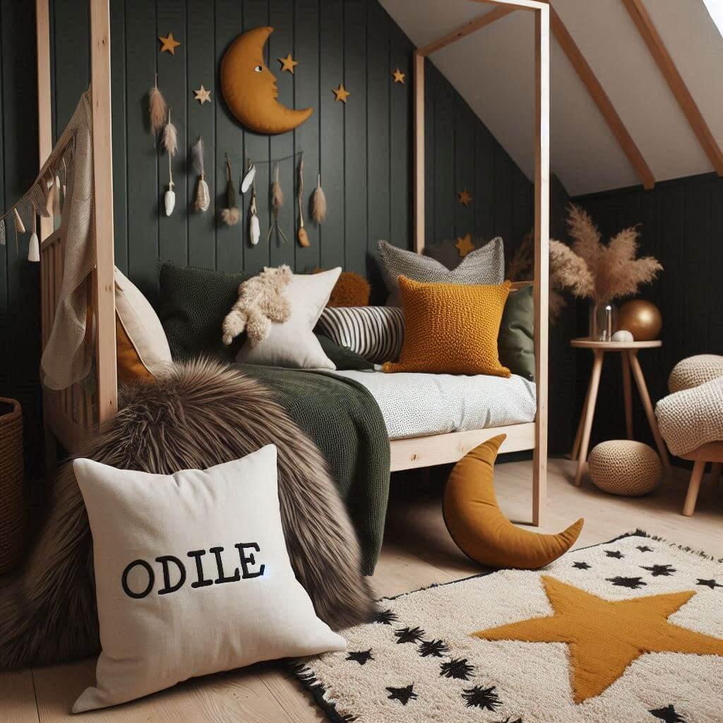 Une chambre de petit garcon qui se nomme odile avec un lit cabane un tapis de fourrure style scandinave coussins en forme d etoiles coussins en forme de lune odile est brode sur un