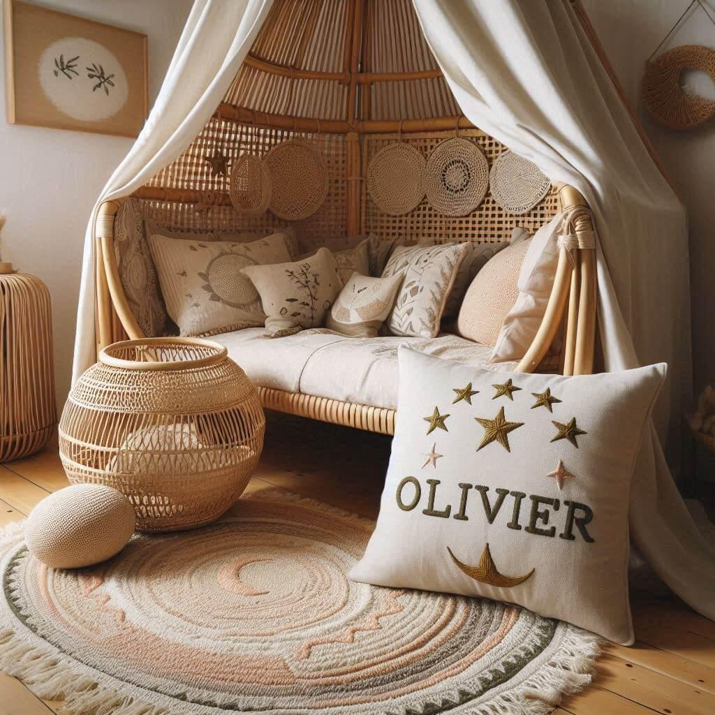 Une chambre de petit garcon qui se nomme olivier avec un lit cabane en rotin un tapis en laine moelleuse style boheme chic une deco douce et naturelle des coussins en lin brode en