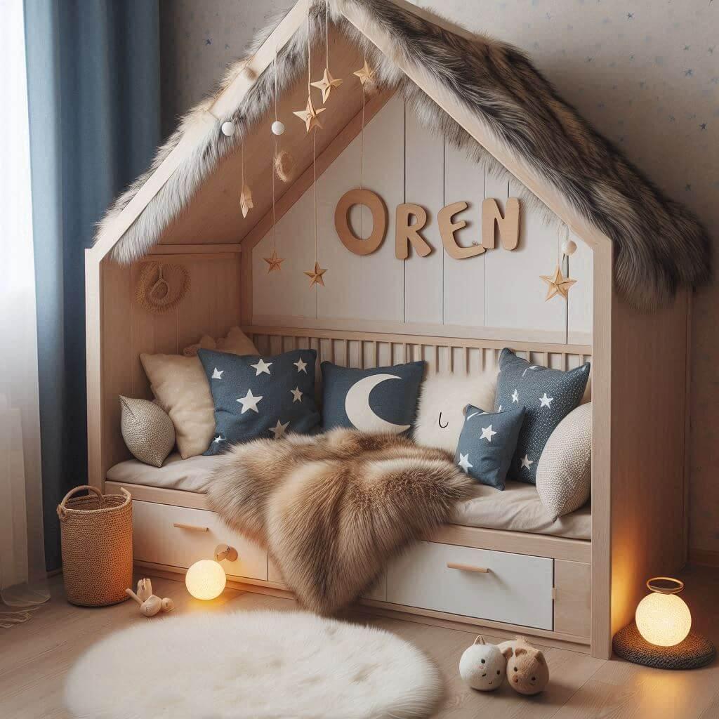 Une chambre de petit garcon qui se nomme oren avec un lit cabane un tapis de fourrure style scandinave