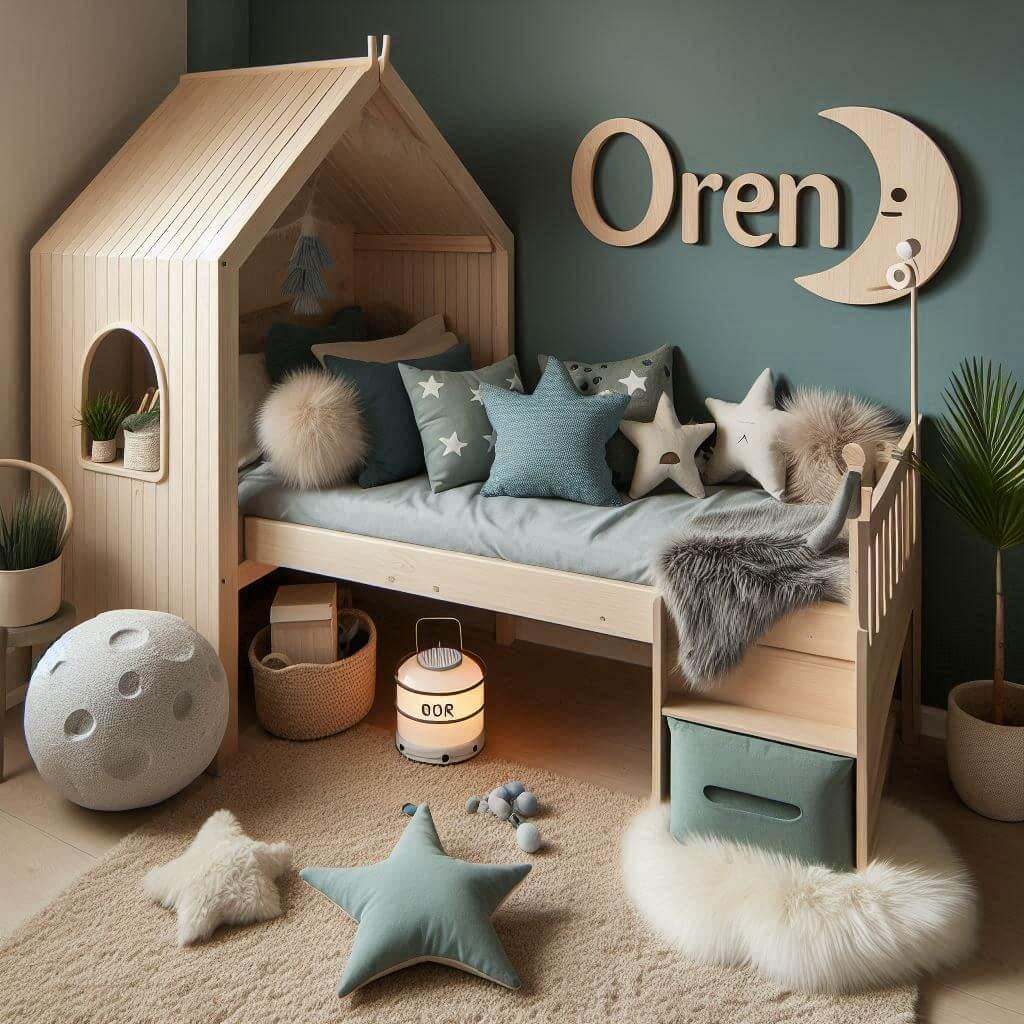 Une chambre de petit garcon qui se nomme oren avec un lit cabane un tapis de fourrure style scandinave coussins en forme detoiles coussins en forme de lune le prenom oren est ecrit