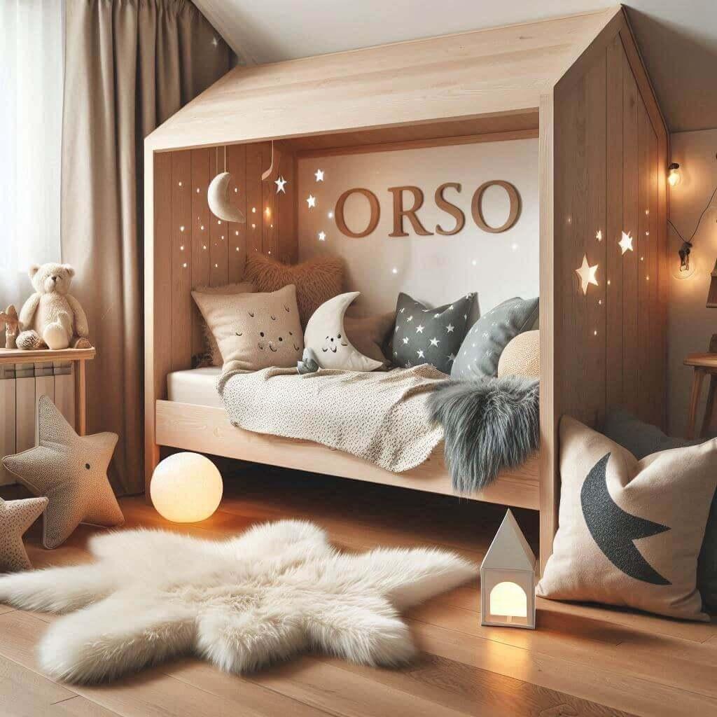 Chambre enfant Orso avec lit cabane, tapis en fourrure, coussins étoiles et lune, veilleuse avec prénom Orso