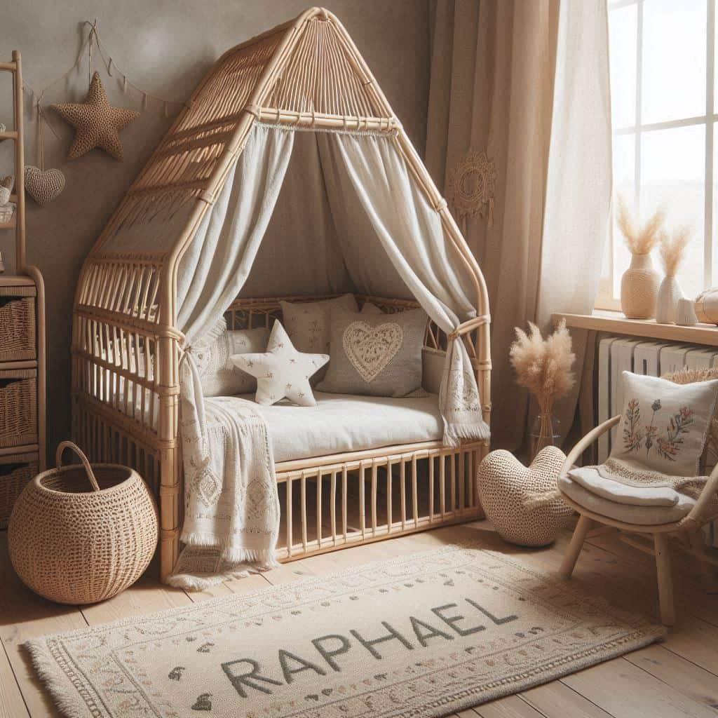 Une chambre de petit garcon qui se nomme raphael avec un lit cabane en rotin un tapis en laine moelleuse style boheme chic une deco douce et naturelle des coussins en lin brode en