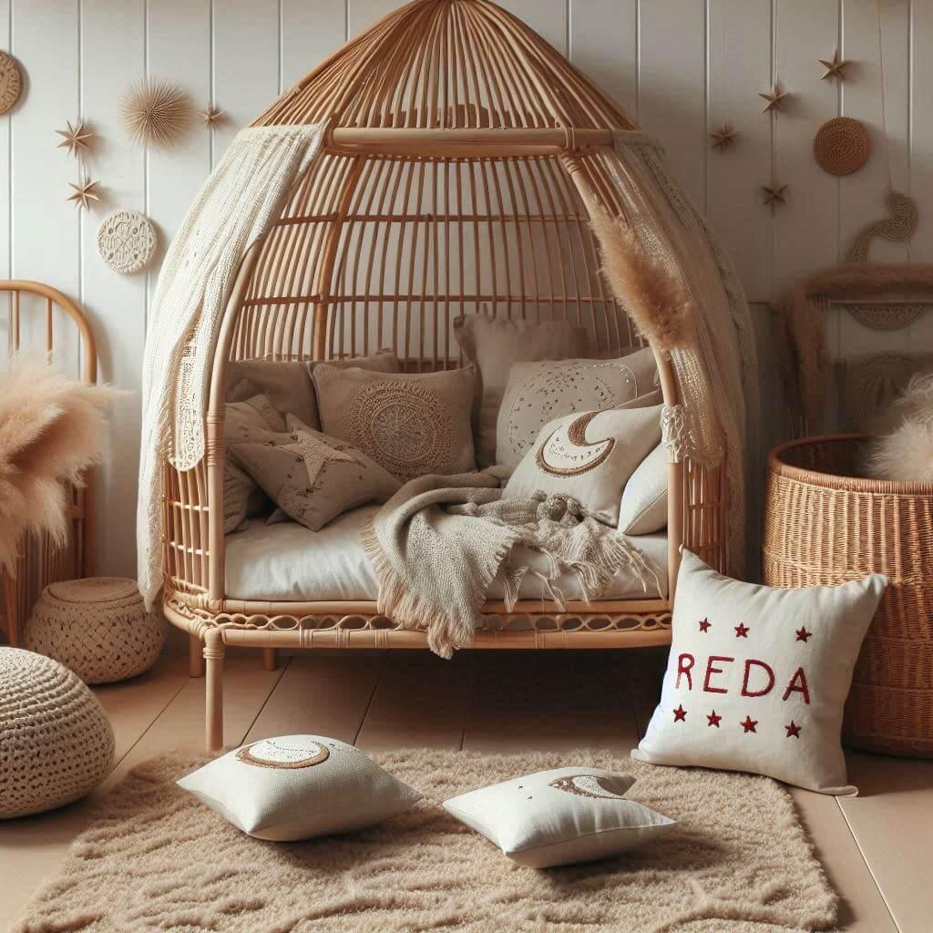 Une chambre de petit garcon qui se nomme reda avec un lit cabane en rotin un tapis en laine moelleuse style boheme chic une deco douce et naturelle
