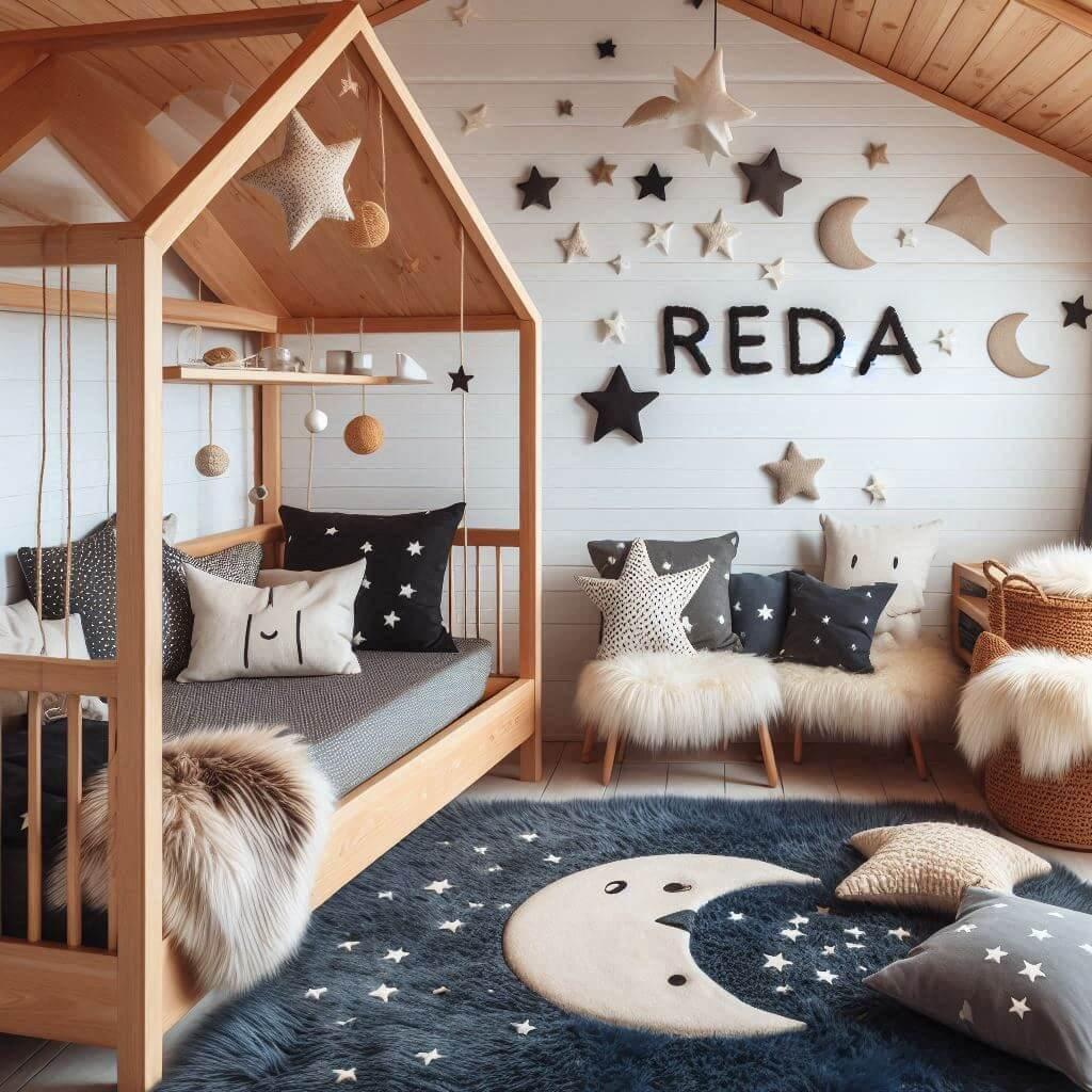 Une chambre de petit garcon qui se nomme reda avec un lit cabane un tapis de fourure style scandinave coussins en forme detoiles coussins en forme de lune reda est brode sur un cou