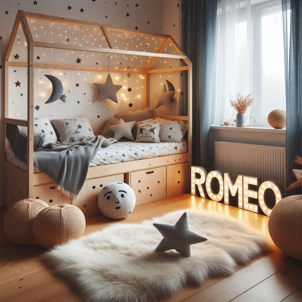 Une chambre de petit garcon qui se nomme romeo avec un lit cabane un tapis de fourrure style scandinave coussins en forme detoiles coussins en forme de lune le prenom romeo est ecr