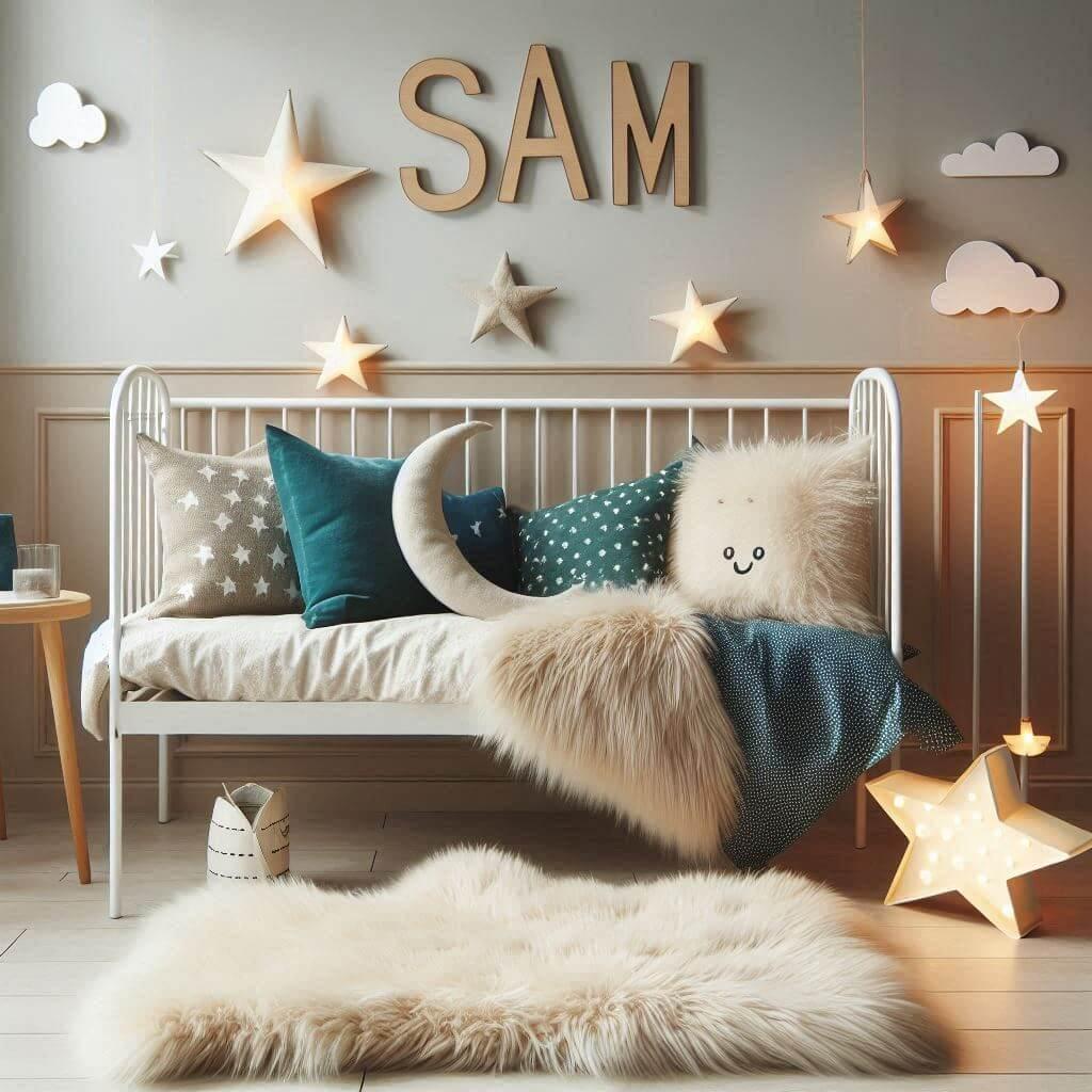 Une chambre de petit garcon qui se nomme sam avec un lit simple un tapis de fourrure style scandinave des coussins en forme d etoiles et de lune le prenom sam ecrit sur une petite