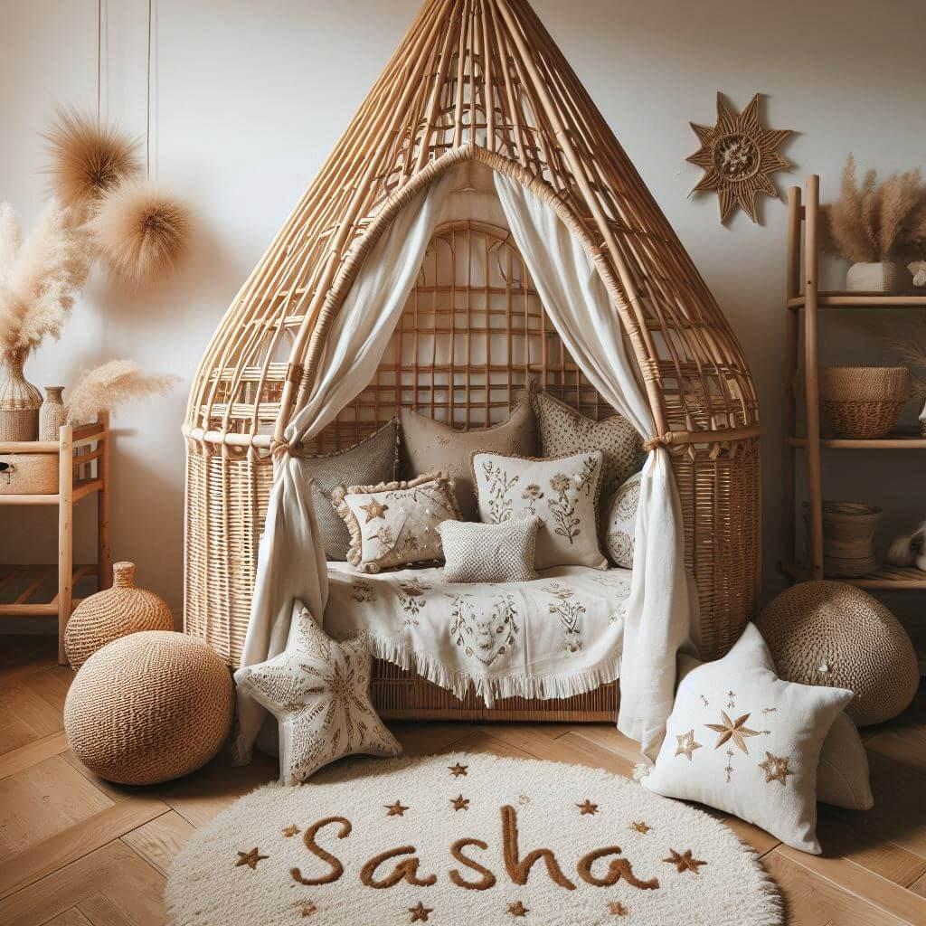 Une chambre de petit garcon qui se nomme sasha avec un lit cabane en rotin un tapis en laine moelleuse style boheme chic une deco douce et naturelle des coussins en lin brode en fo