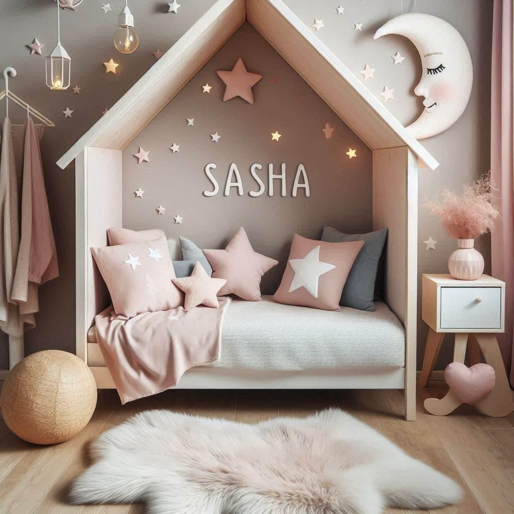 Une chambre de petit garcon qui se nomme sasha avec un lit cabane un tapis de fourrure style scandinave coussins en forme d etoiles coussins en forme de lune sasha est brode sur un