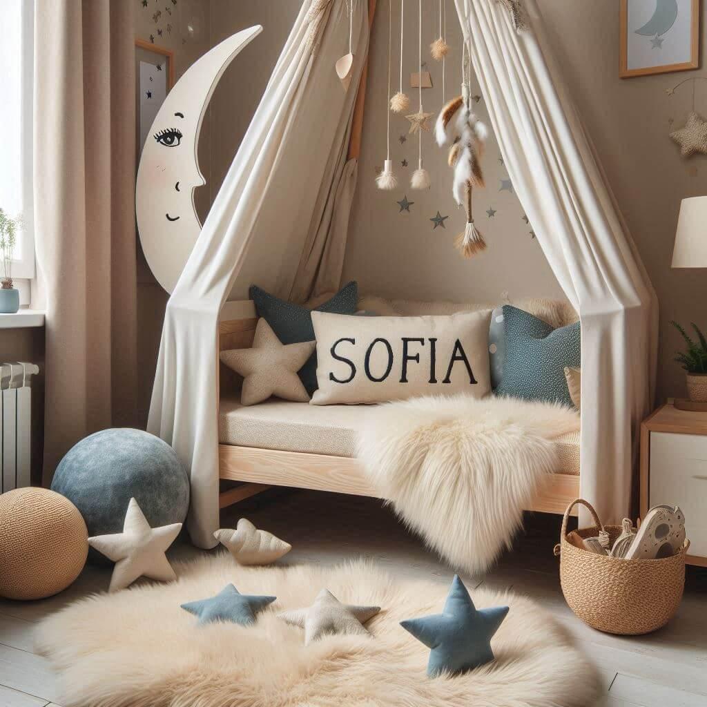 Une chambre de petit garcon qui se nomme sofia avec un lit cabane un tapis de fourure prenom sofia