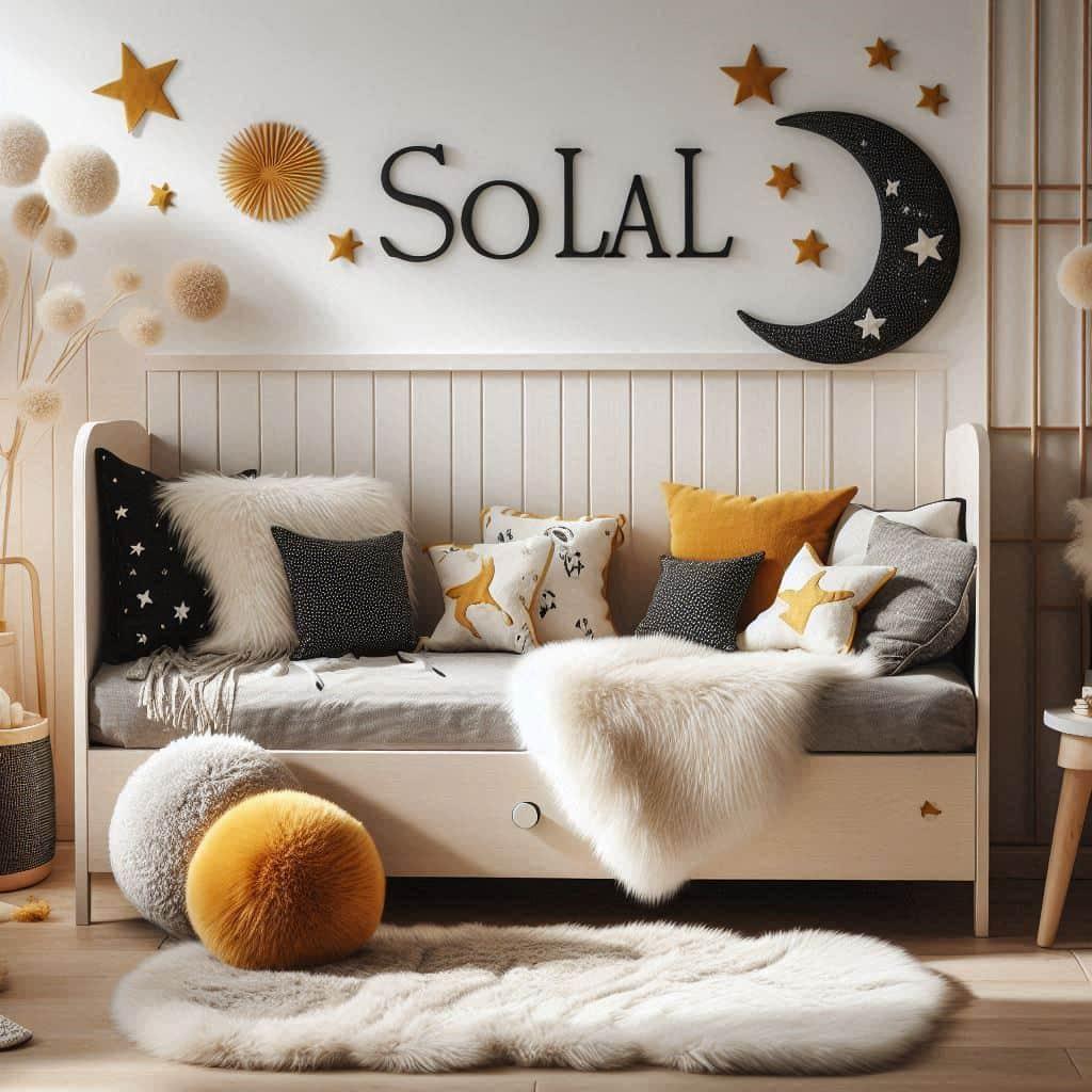 Une chambre de petit garcon qui se nomme solal avec un lit cabane un tapis de fourrure style scandinave coussins en forme d etoiles coussins en forme de lune solal est brode sur un