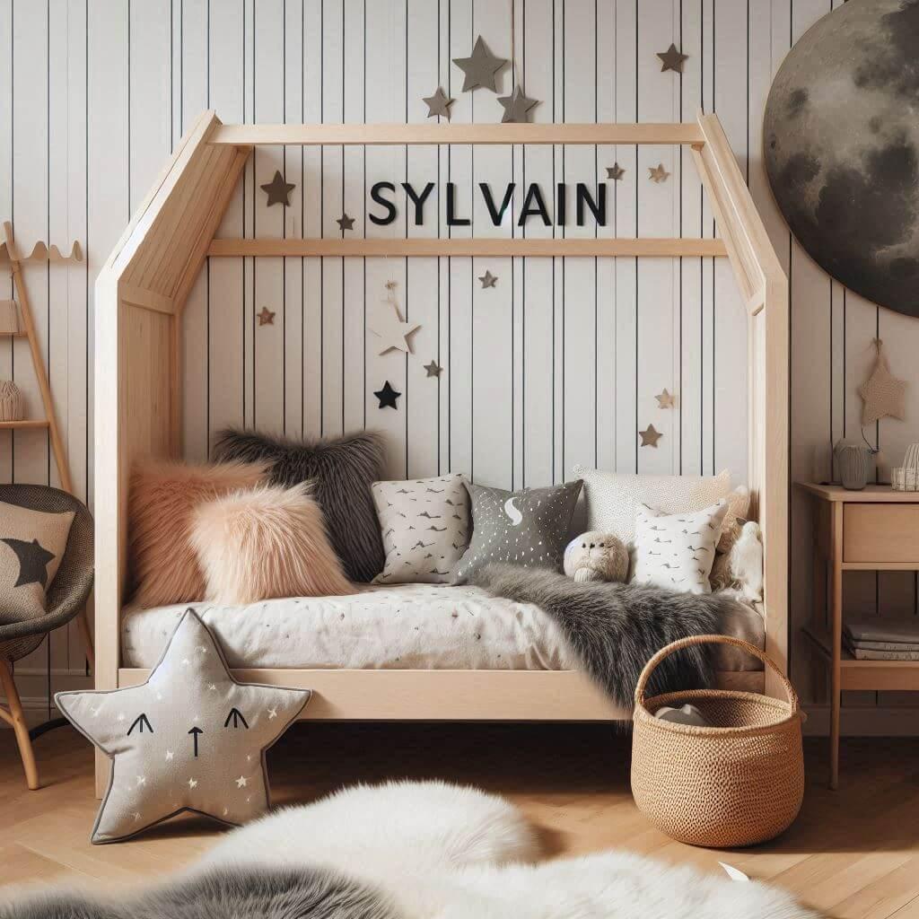 Une chambre de petit garcon qui se nomme sylvain avec un lit cabane un tapis de fourure style scandinave coussins en forme detoiles coussins en forme de lune le prenom sylvain est