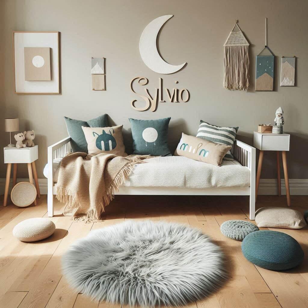 Une chambre de petit garcon qui se nomme sylvio avec un lit simple un tapis de fourrure style scandinave des coussins en forme de toiles des coussins en forme de lune le prenom syl