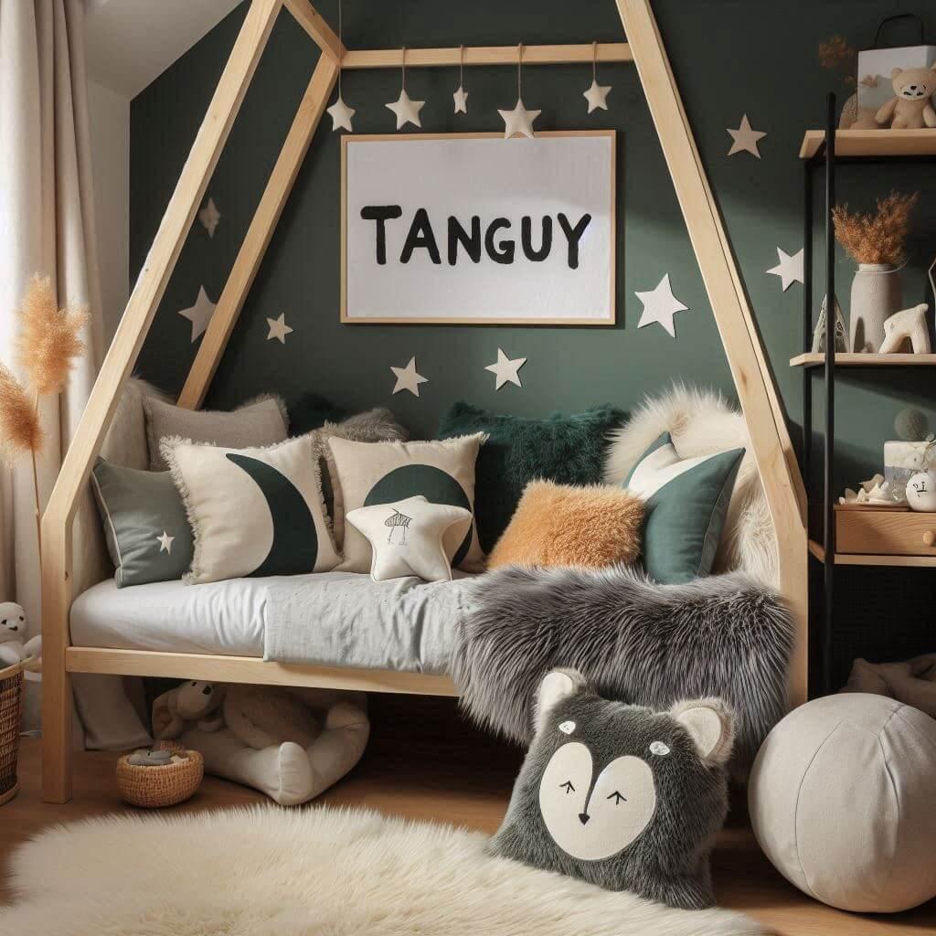Chambre de petit garçon nommée Tanguy avec lit cabane, tapis de fourrure, style scandinave, coussins étoiles et lune, prénom Tanguy brodé, couleurs vert foncé, blanc et beige.
