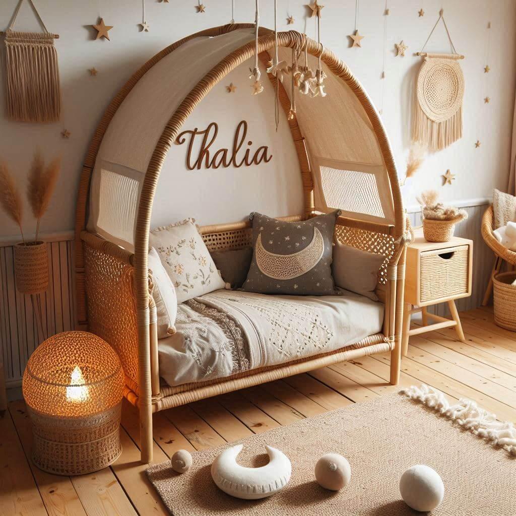 Une chambre de petit garcon qui se nomme thalia avec un lit cabane en rotin un tapis en laine moelleuse style boheme chic une deco douce et naturelle des coussins en lin brode en f