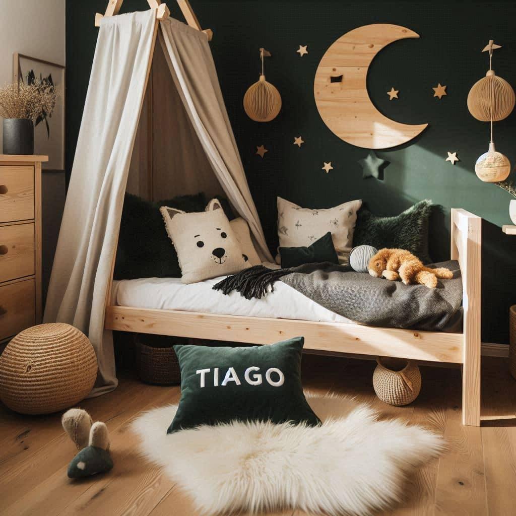 Une chambre de petit garcon qui se nomme tiago avec un lit cabane un tapis de fourrure style scandinave coussins en forme d etoiles coussins en forme de lune tiago est brode sur un