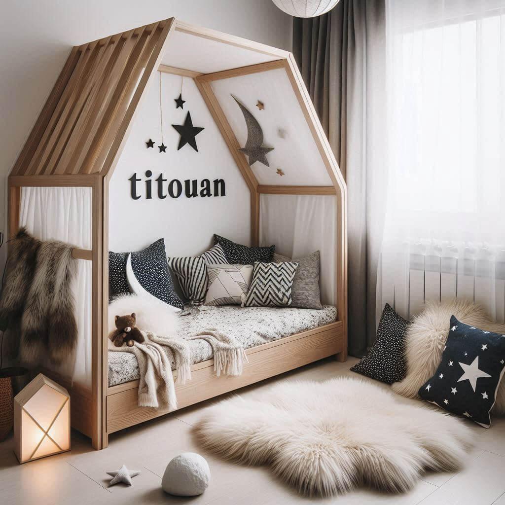 Une chambre de petit garcon qui se nomme titouan avec un lit cabane un tapis de fourrure style scandinave coussins en forme d etoiles coussins en forme de lune le prenom titouan es