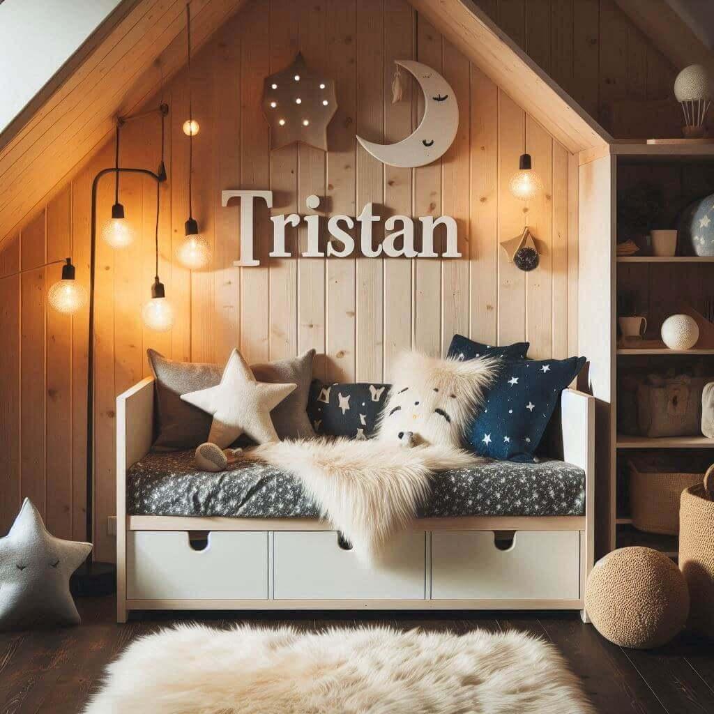 Une chambre de petit garcon qui se nomme tristan avec un lit cabane un tapis de fourure style scandinave