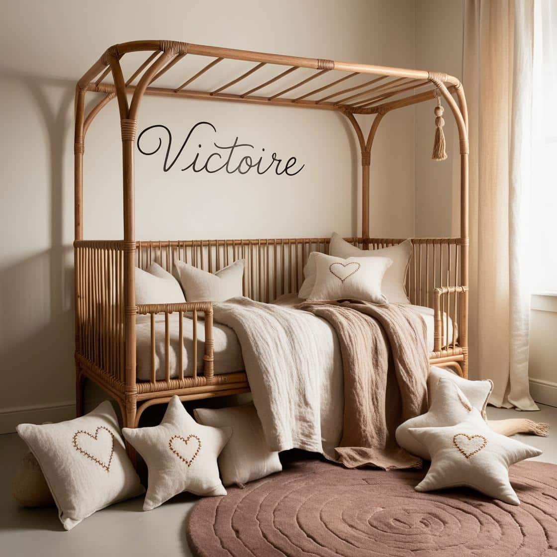 Une chambre de petit fille qui se nomme victoire avec un lit cabane en rotin un tapis en laine moelleuse style boheme chic une deco douce et naturelle