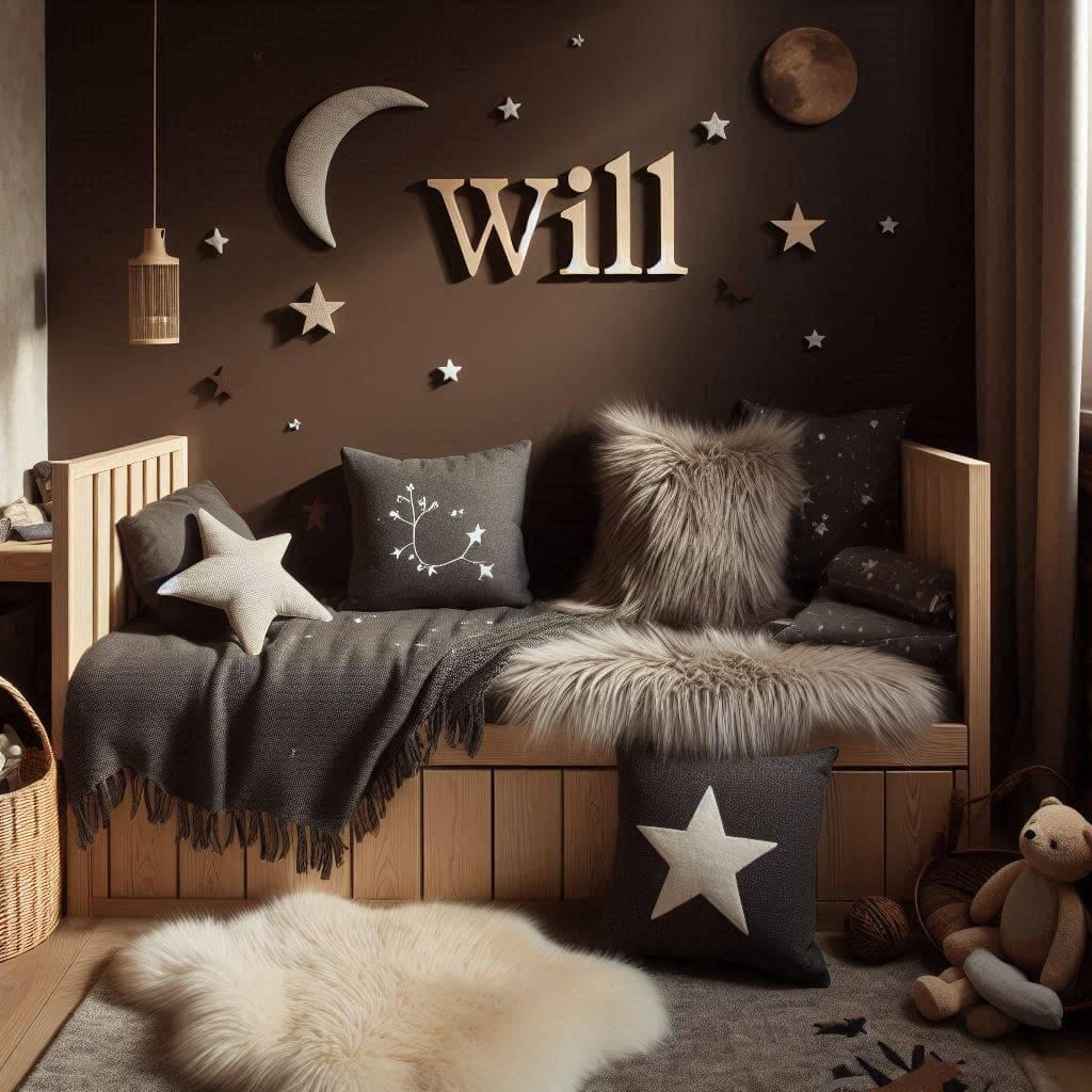 Une chambre de petit garcon qui se nomme will avec un lit cabane un tapis de fourrure style scandinave coussins en forme d etoiles coussins en forme de lune will est brode sur un c
