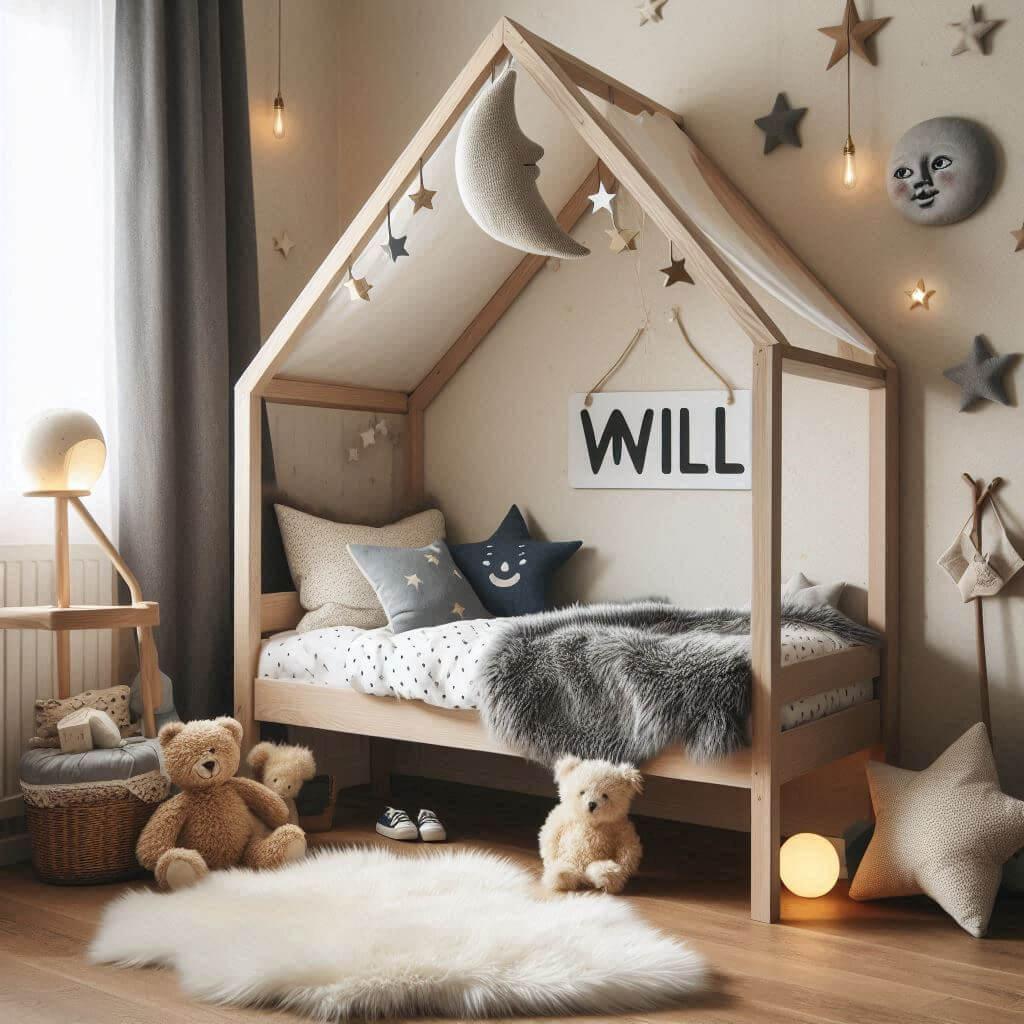 Une chambre de petit garcon qui se nomme will avec un lit cabane un tapis de fourure style scandinave coussins en forme detoiles coussins en forme de lune le prenom will est ecrit