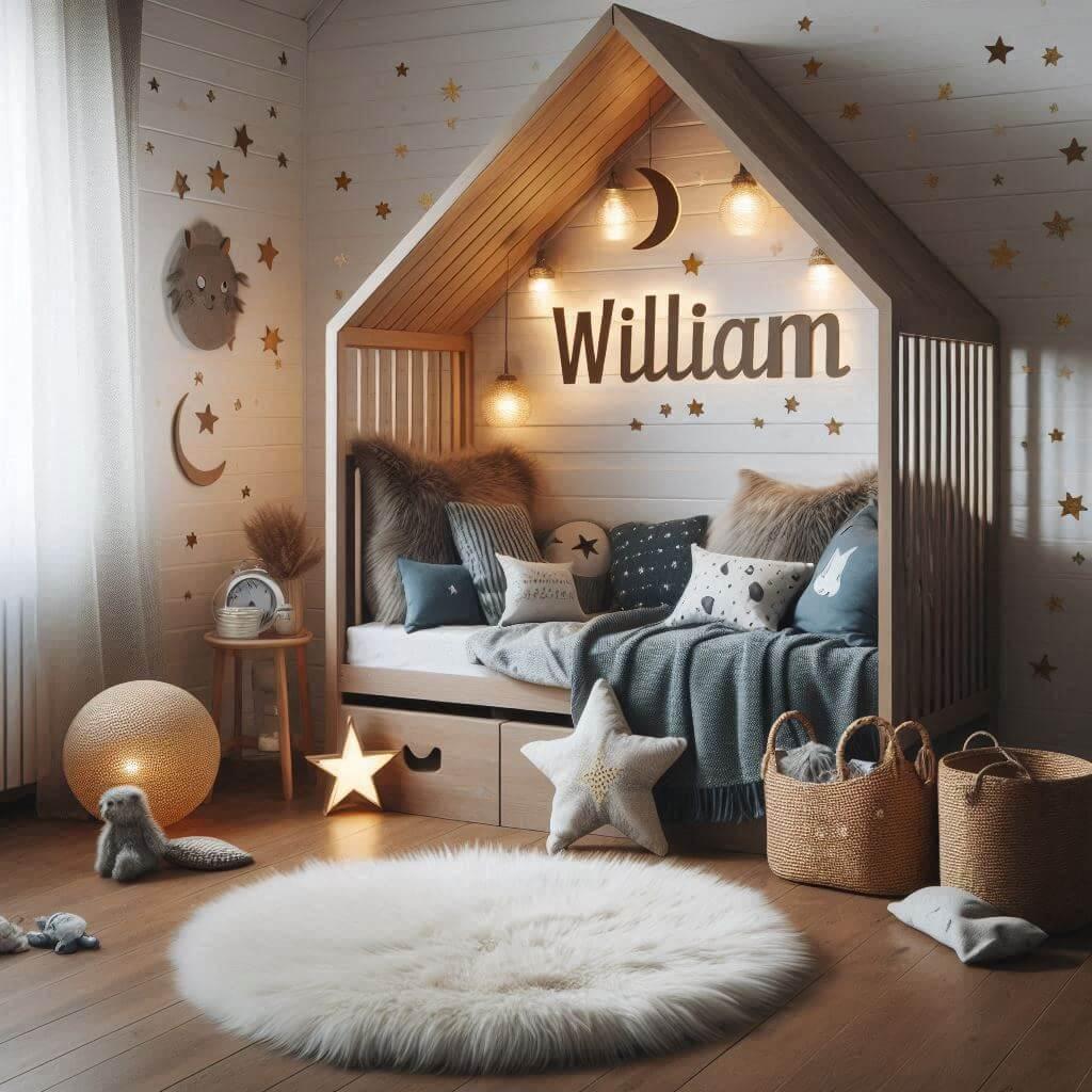 Une chambre de petit garcon qui se nomme william avec un lit cabane un tapis de fourure style scandinave coussins en forme detoiles coussins en forme de lune le prenom william est