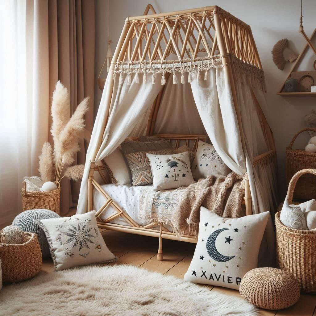 Une chambre de petit garcon qui se nomme xavier avec un lit cabane en rotin un tapis en laine moelleuse style boheme chic une deco douce et naturelle des coussins en lin brode en f