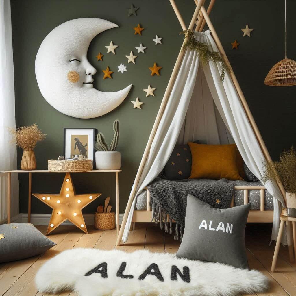 Chambre scandinave pour petit garçon avec lit cabane, tapis en fourrure, coussins lune et étoiles, prénom Alan brodé, déco douce vert foncé, blanc et moutarde