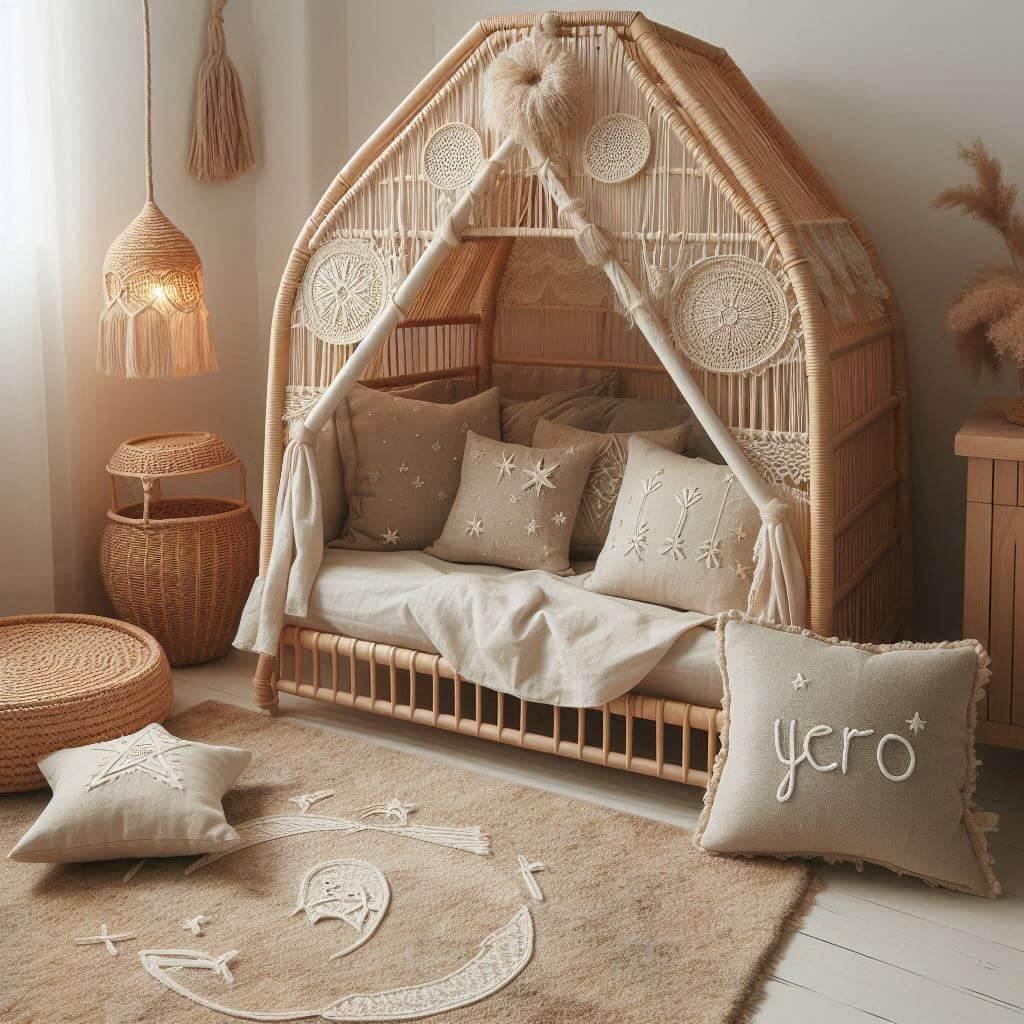 Une chambre de petit garcon qui se nomme yero avec un lit cabane en rotin un tapis en laine moelleuse style boheme chic une deco douce et naturelle des coussins en lin brode en for