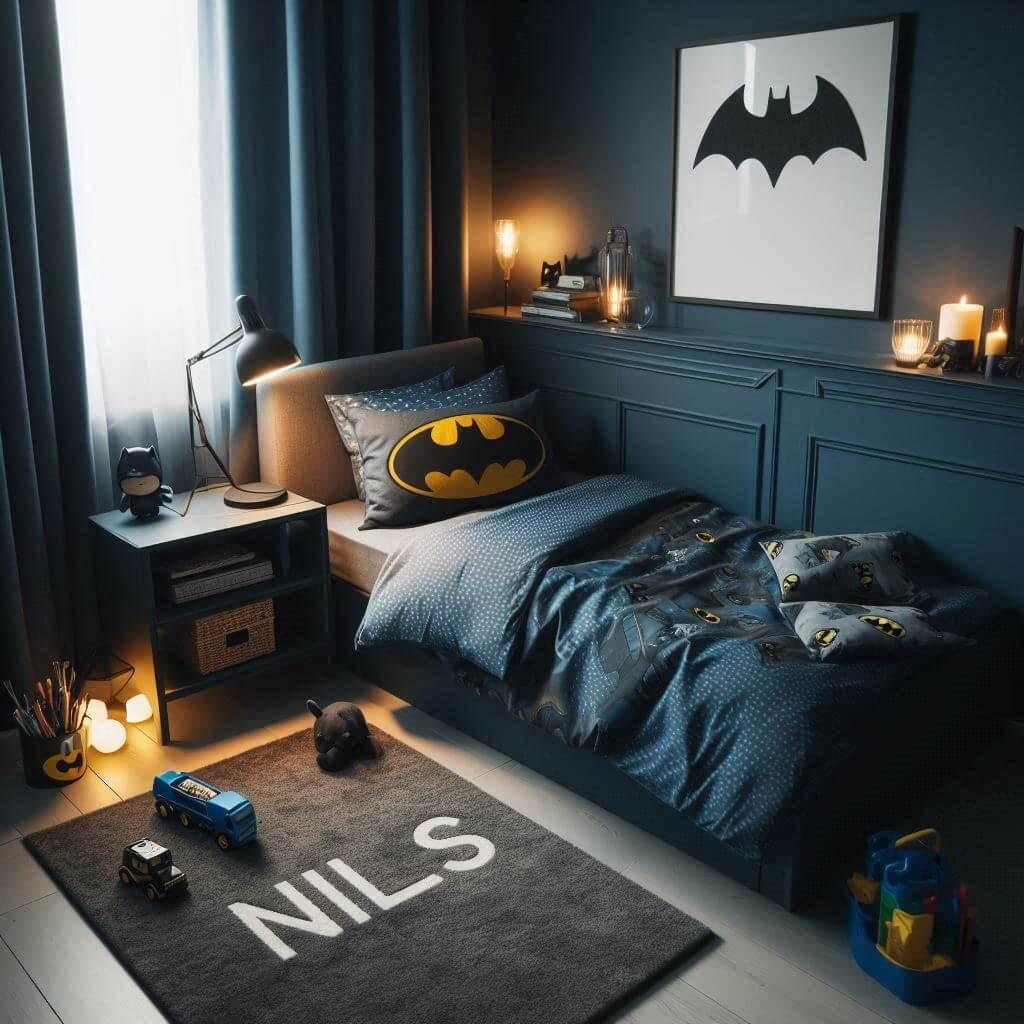Chambre de petit garçon tons bleu nuit et gris, lit simple avec draps Batman, tapis de jeu, lampe allumée et coussin brodé au prénom Nils