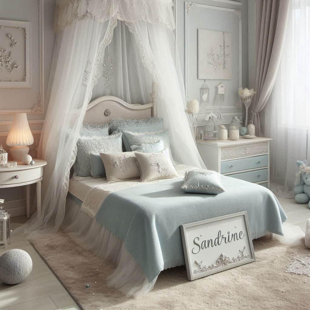 Une chambre de petite fille apaisante pour sandrine avec des tons doux de bleu ciel blanc perle et des touches argentees un lit a baldaquin voile leger et de coussins delicatement