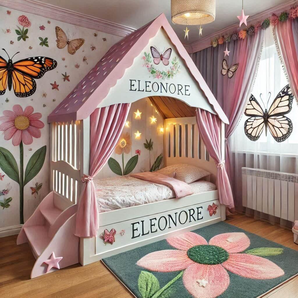 Une chambre de petite fille avec le prenom de eleonore theme papillons et fee lit cabane comme une petite maison avec des rideaux motifs cocinnelles tapis en forme de fleur