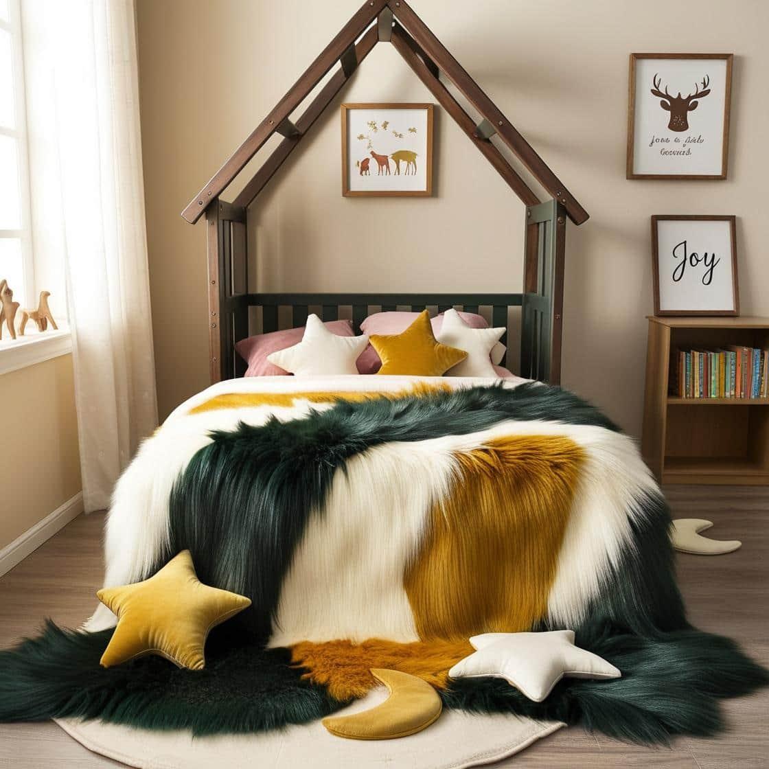 Une chambre de petite fille avec un lit cabane un tapis de fourrure style foret magique coussins en forme d etoiles coussins en forme de lune couleurs vert fonce blanc moutarde ave