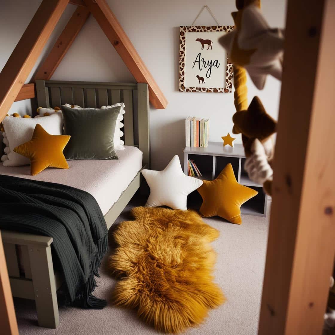 Une chambre de petite fille avec un lit cabane un tapis de fourrure style foret magique coussins en forme d etoiles coussins en forme de lune couleurs vert fonce blanc moutarde ave