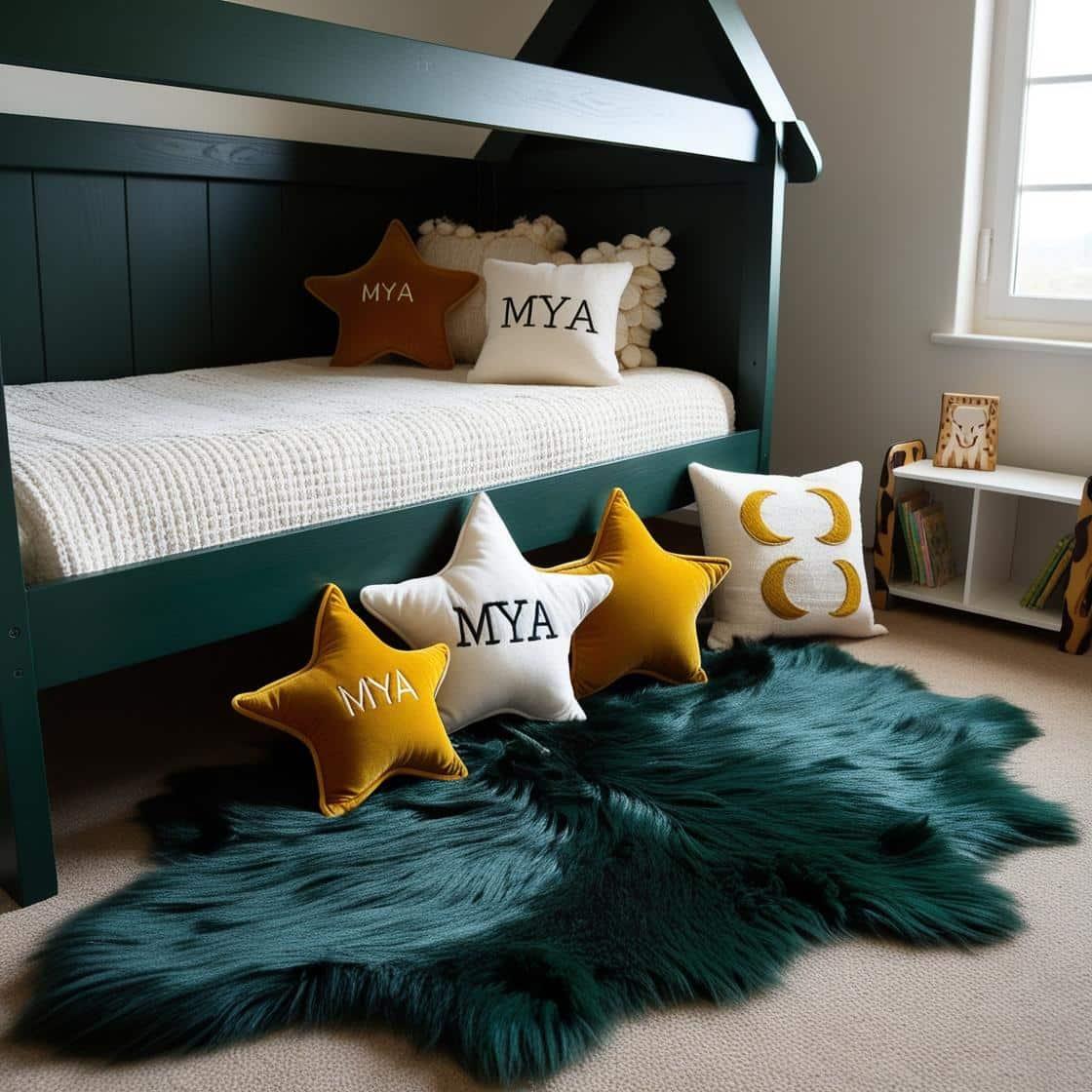 Une chambre de petite fille avec un lit cabane un tapis de fourrure style foret magique coussins en forme d etoiles coussins en forme de lune mya est brode sur un seul coussin coul