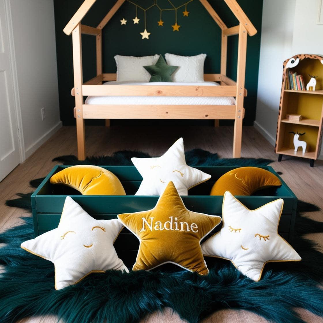 Une chambre de petite fille avec un lit cabane un tapis de fourrure style foret magique coussins en forme d etoiles coussins en forme de lune nadine est brode sur un seul coussin c