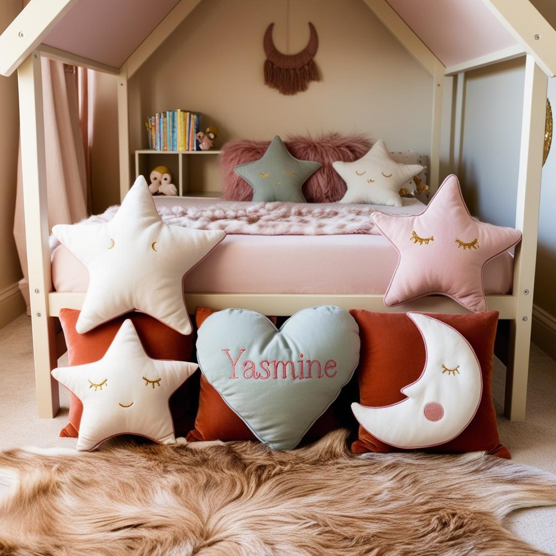 Une chambre de petite fille avec un lit cabane un tapis de fourrure style oriental coussins en forme d etoiles coussins en forme de lune yasmine est brode sur un coussin avec une p