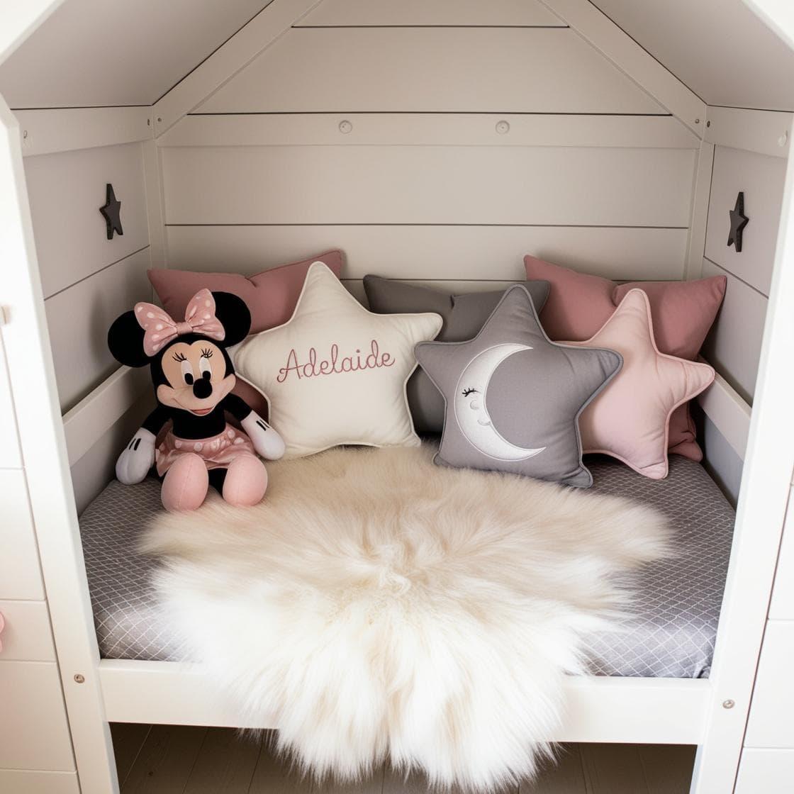 Une chambre de petite fille avec un lit cabane un tapis de fourrure style scandinave coussins en forme d etoiles coussins en forme de lune adelaide est brode sur un coussin couleur