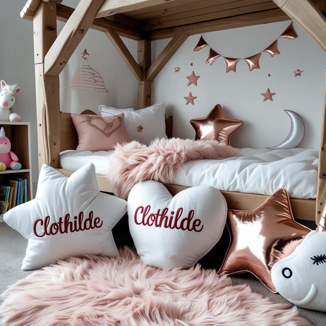 Une chambre de petite fille avec un lit cabane un tapis de fourrure style scandinave coussins en forme d etoiles coussins en forme de lune clothilde est brode sur un seul coussin c