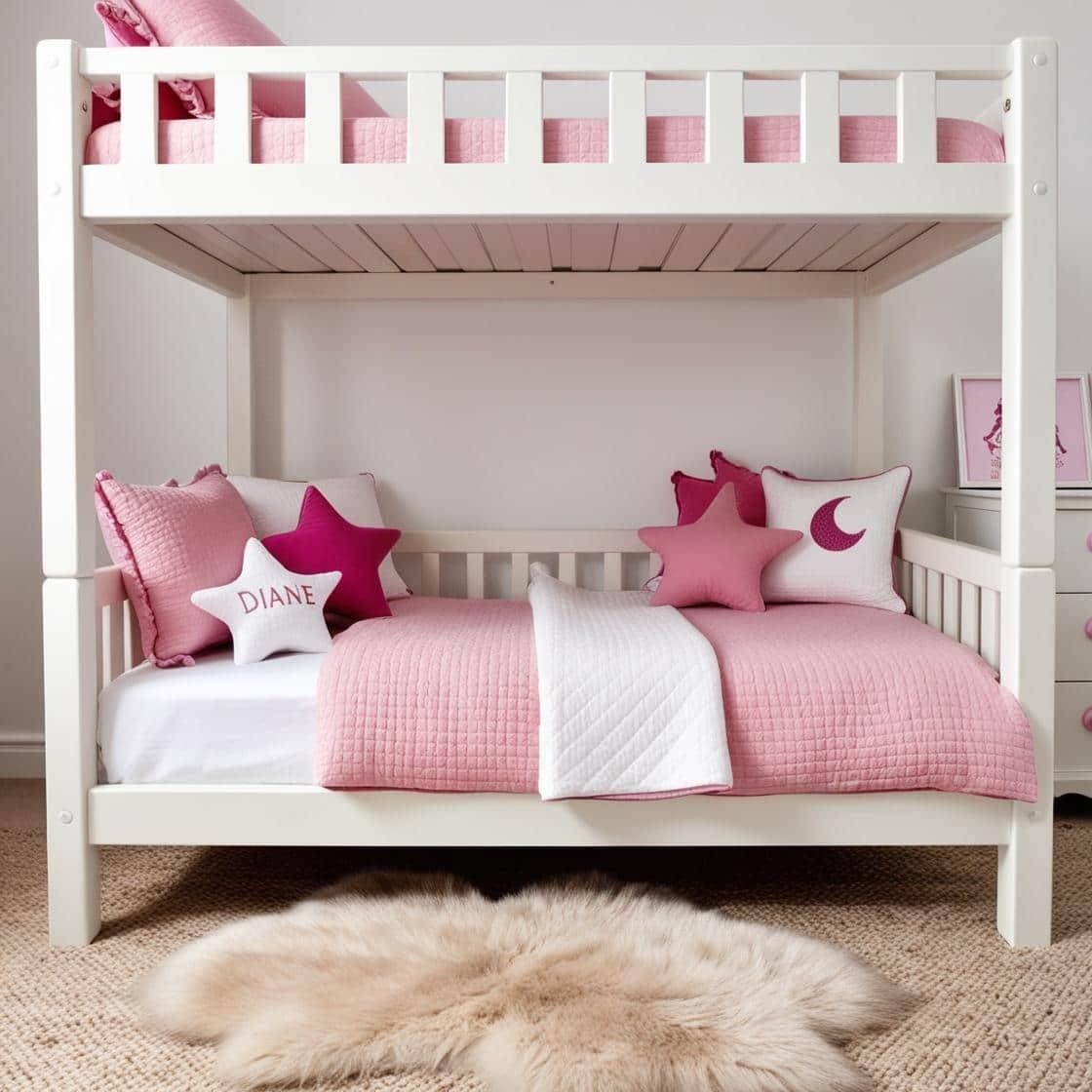 Une chambre de petite fille avec un lit cabane un tapis de fourrure style scandinave coussins en forme d etoiles coussins en forme de lune diane est brode sur un seul coussin coule