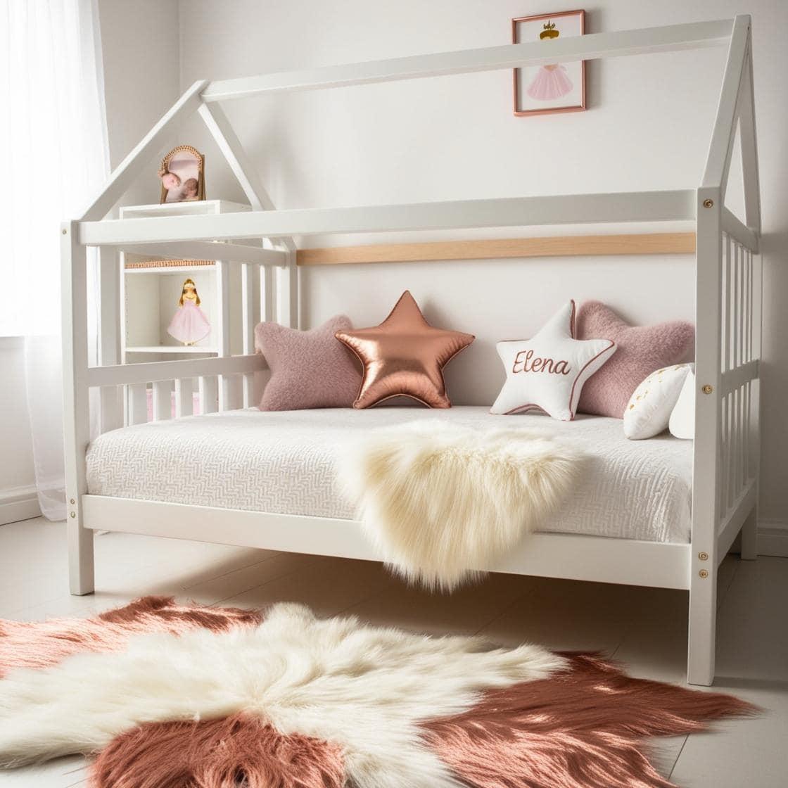 Une chambre de petite fille avec un lit cabane un tapis de fourrure style scandinave coussins en forme d etoiles coussins en forme de lune elena est brode sur un seul coussin coule