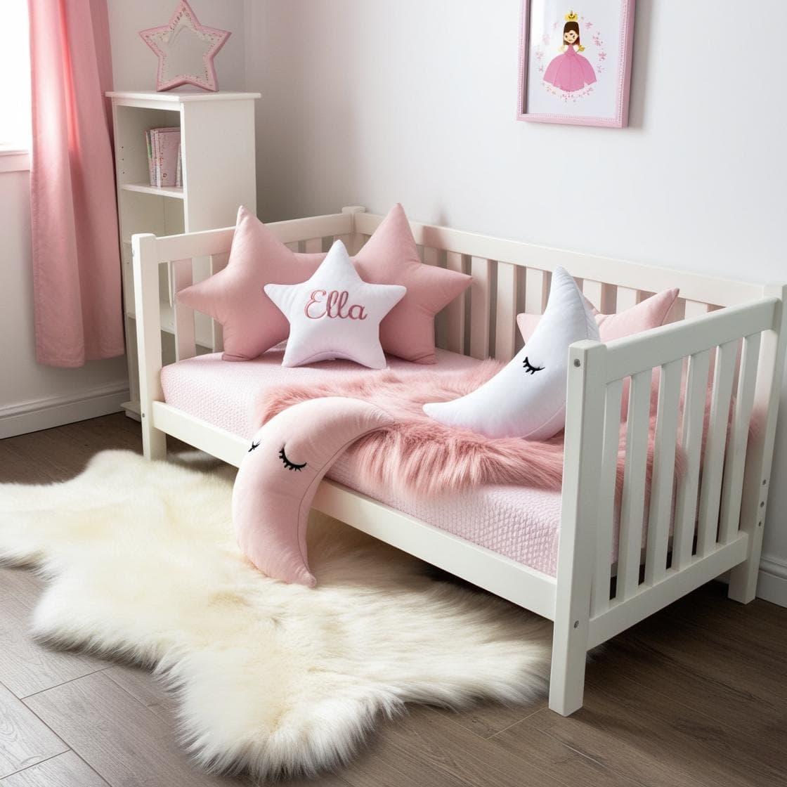 Une chambre de petite fille avec un lit cabane un tapis de fourrure style scandinave coussins en forme d etoiles coussins en forme de lune ella est brode sur un coussin