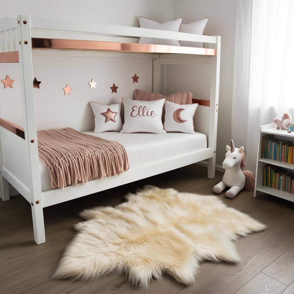 Une chambre de petite fille avec un lit cabane un tapis de fourrure style scandinave coussins en forme d etoiles coussins en forme de lune ellie est brode sur un seul coussin coule