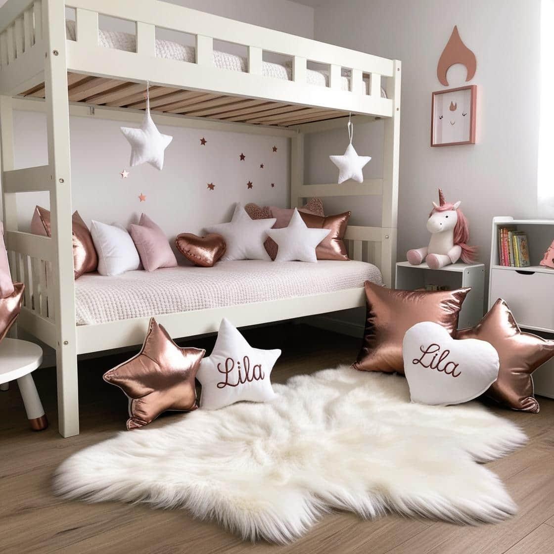 Une chambre de petite fille avec un lit cabane un tapis de fourrure style scandinave coussins en forme d etoiles coussins en forme de lune lila est brode sur un seul coussin couleu