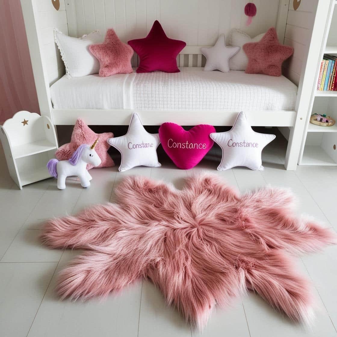 Une chambre de petite fille avec un lit cabane un tapis de fourrure style scandinave coussins en forme d etoiles coussins en forme de lune lila est brode sur un seul coussin couleu