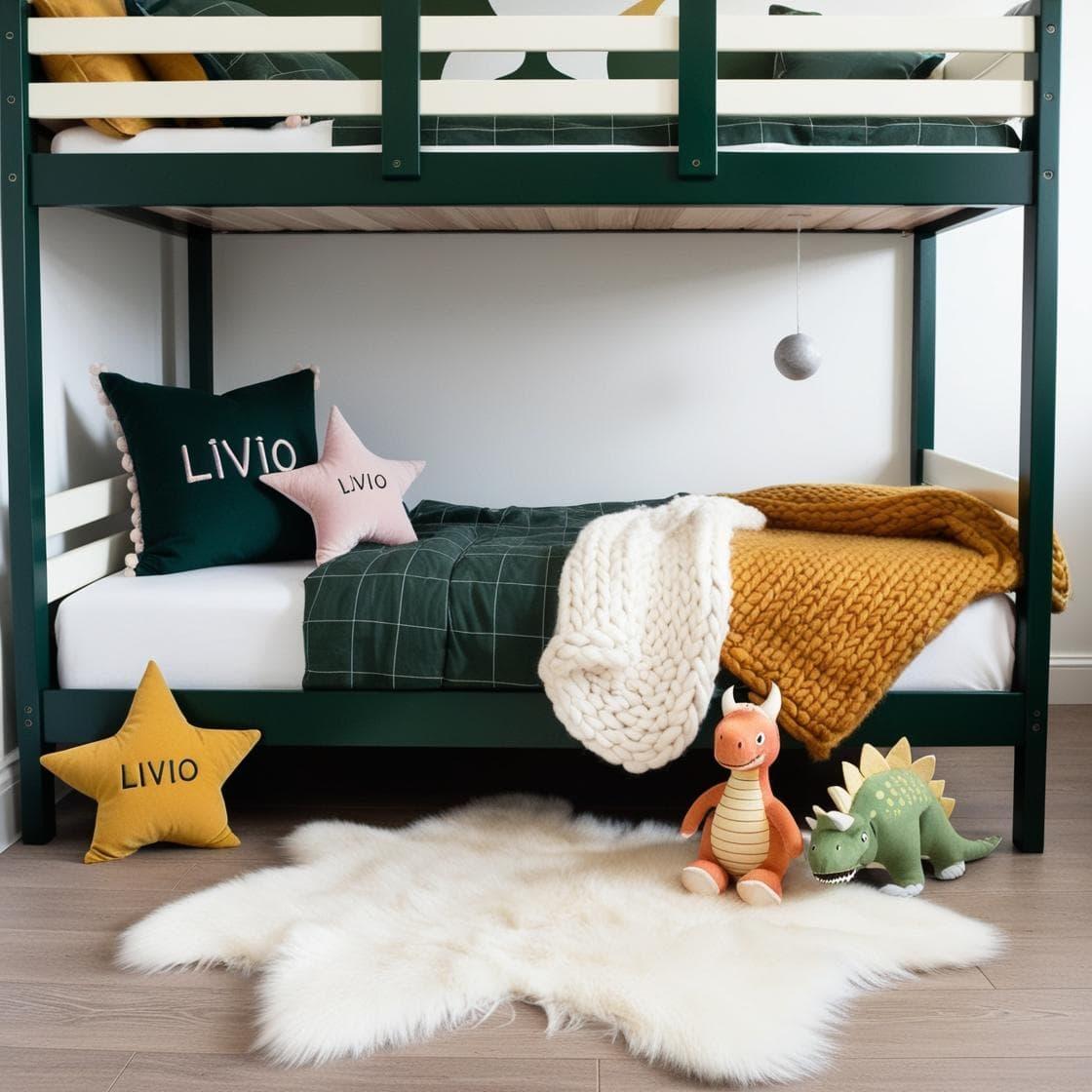 Chambre de petit garçon avec lit cabane, tapis de fourrure style scandinave, coussins étoiles et lune, prénom Livio brodé, couleurs vert et blanc