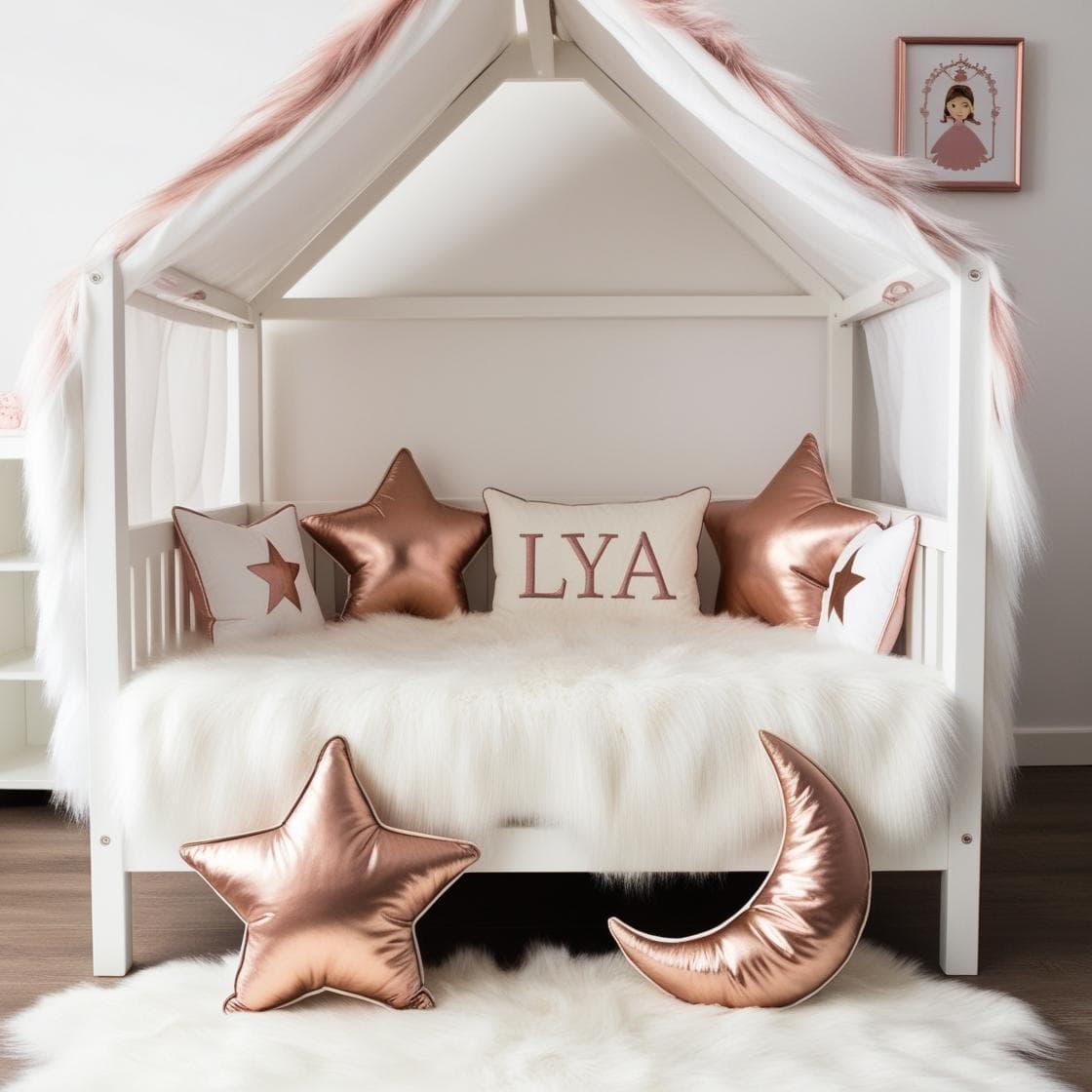 Une chambre de petite fille avec un lit cabane un tapis de fourrure style scandinave coussins en forme d etoiles coussins en forme de lune lya est brode sur un seul coussin couleur