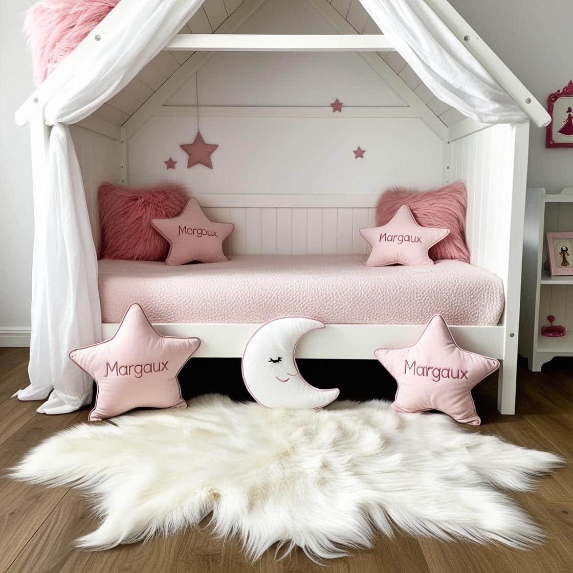 Une chambre de petite fille avec un lit cabane un tapis de fourrure style scandinave coussins en forme d etoiles coussins en forme de lune margaux est brode sur un seul coussin cou